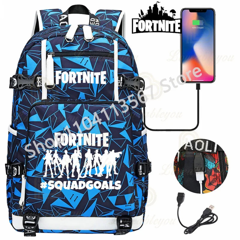Mochila Yule Trooper F-Fortnited Battle Royale com carregamento USB, figuras anime e compartimento para material escolar para estudantes