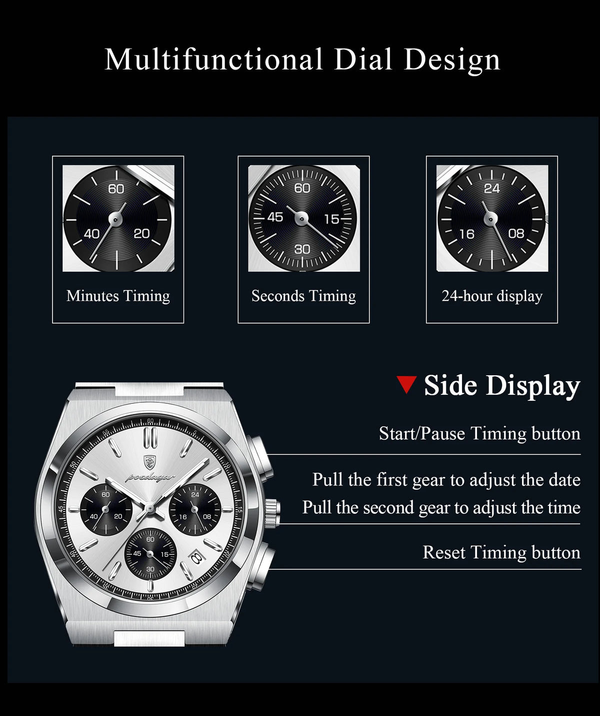 POEDAGAR Luxury Men's Watch Chronograph Date Stainless Steel Casual Man Clock Waterproof Luminous Fashion Quartz Watches For Men