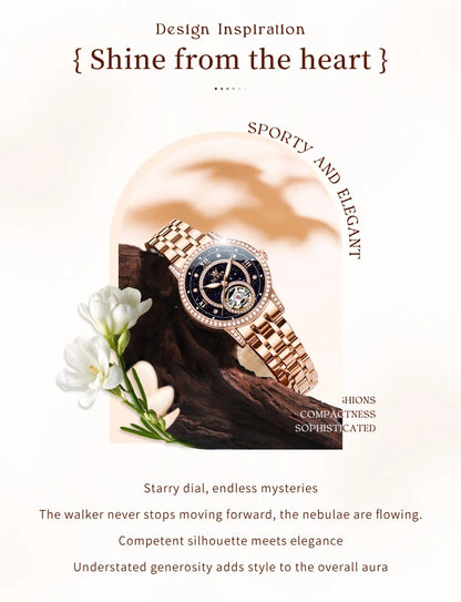 OLEVS Brand Fashion Women Mechanical Watches Starry Sky Dial Diamond Automatic Wristwatch Ladies Waterproof Luminous Clock Women