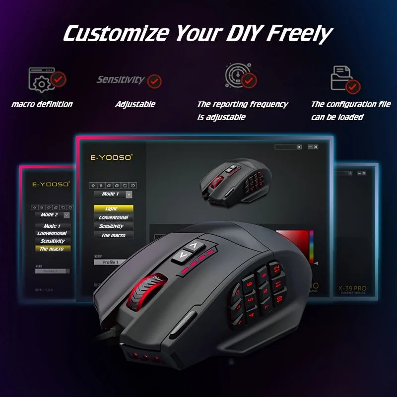E-YOOSO X-39PRO Wired Gaming Mouse with Side Keys, Newly Upgraded Sensor SG8960, Ergonomic Mouse, Esports Mouse, Optical Mouse