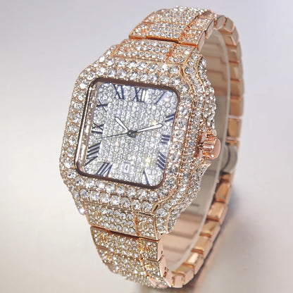 UNIGUET Cool Men's Watch Luxury Stainless Steel Quartz Watch Hip Hop Black Diamond Square Design Fashion Iced Wristwatch for Men
