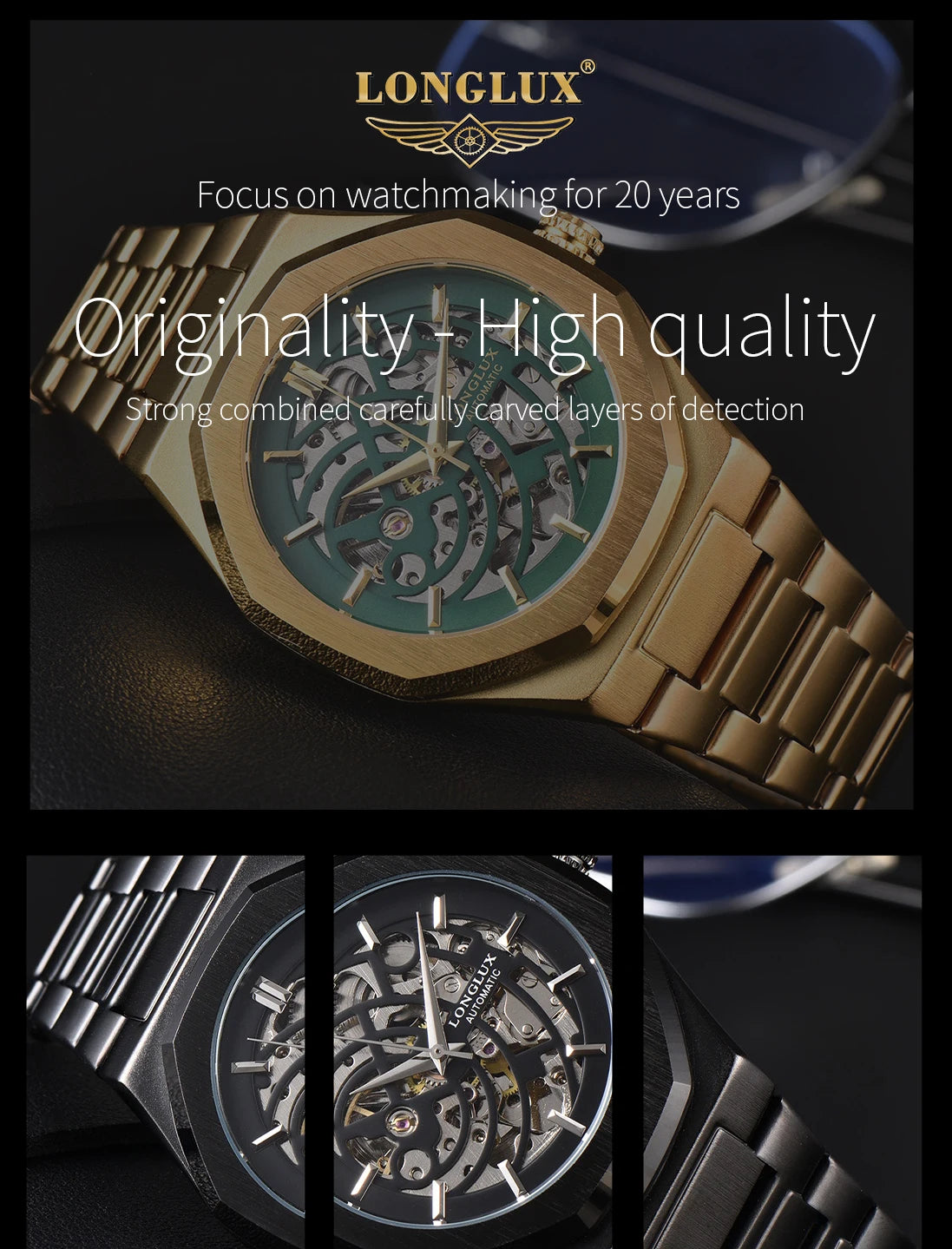 LONGLUX automatic watch business mechanical watches simple skeleton waterproof stainless steel cost effective mens watch gift