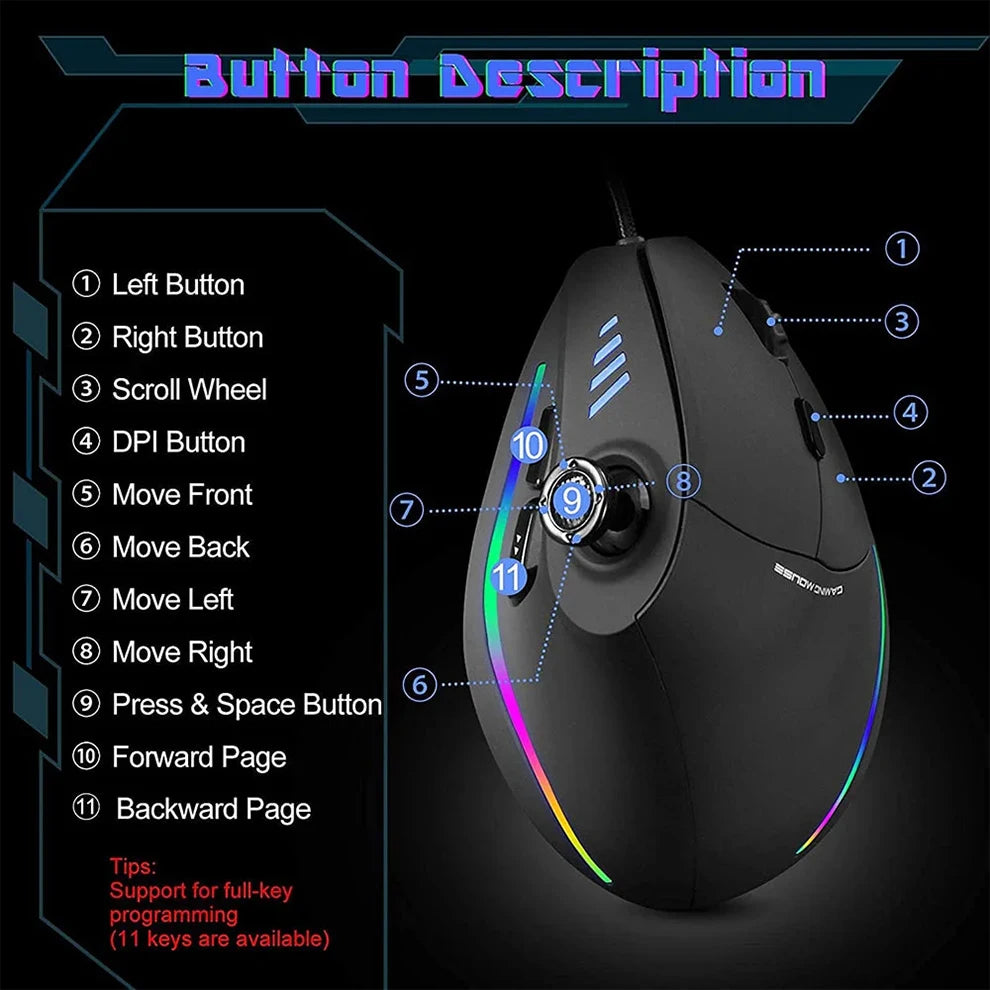 BOW Wired Gaming Mouse 12-Button Programmable RGB Gaming Mouse, 10000 DPI Ergonomic Vertical Gaming Mouse for PC & Laptop