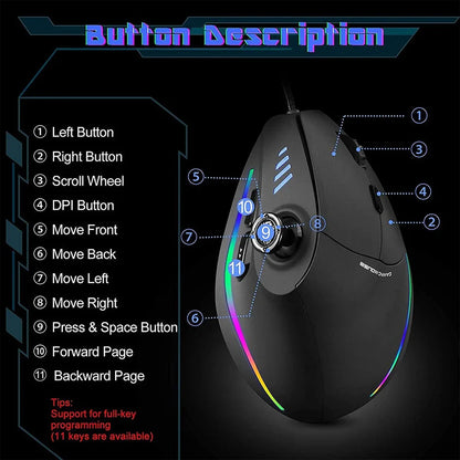 BOW Wired Gaming Mouse 12-Button Programmable RGB Gaming Mouse, 10000 DPI Ergonomic Vertical Gaming Mouse for PC & Laptop