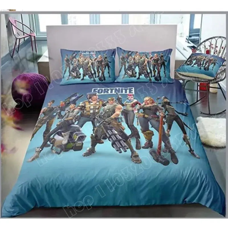 Set de lenjerie de pat Fortnite, 3 piese, imprimare 3D, lenjerii pentru dormitor, joc, desen animat, lenjerie decorativă, husă de pilotă, față de pernă, cadou de ziua de naștere