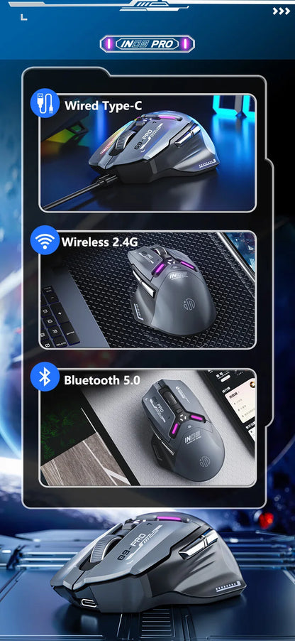 Mouse da gaming wireless Inphic IN9PRO 26000DPI 8K Polling Rate Bluetooth 5.0 cablato 2.4G tri-mode RGB ergonomico