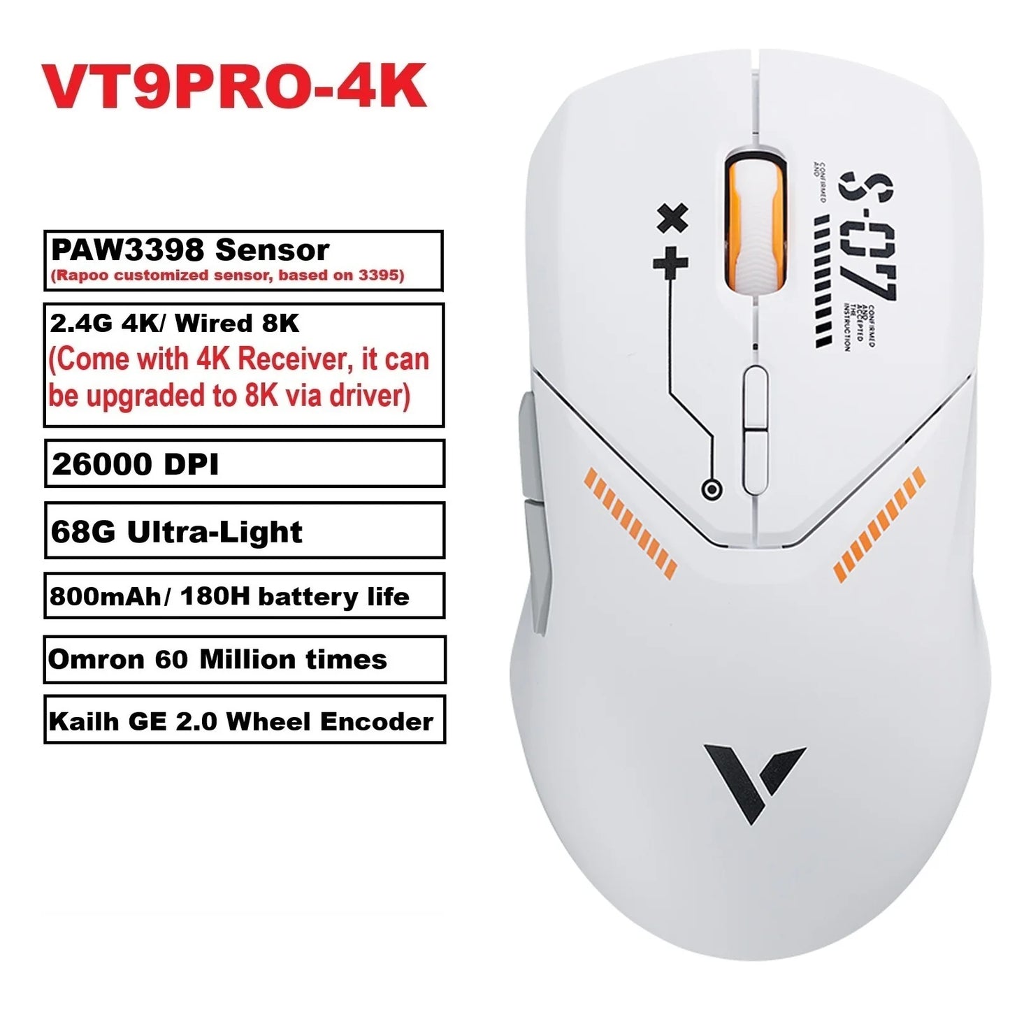 Rapoo VT9PRO PAW3398 Wireless Gaming Mouse 68g Wired Programmable Ergonomic Mice 26000DPI Type C Rechargeable PC Gamer Accessory