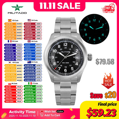 Militado ML08 Quartz Watch Ronda 515 Movement Domed Sapphire Wristwatch BGW9 Luminous 10Bar Waterproof 38mm Vintage Watches