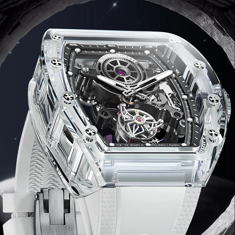 BONEST GATTI Automatic Movement Tourbillon Mechanical Wristwatch Crystal Case Luminous Watch Fluororubber Strap Watches for Men