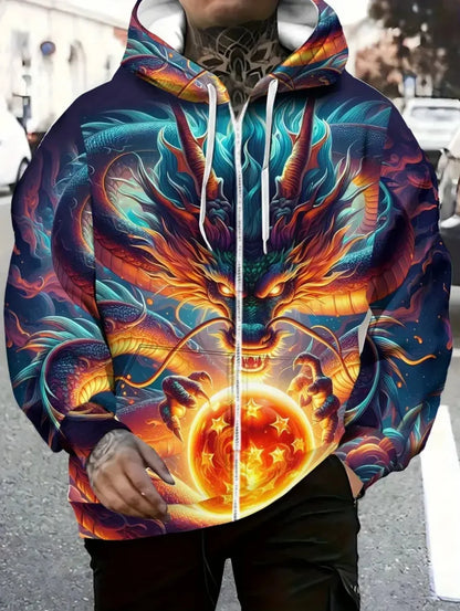 Mens Dragon Print Zipper Hoodie Outdoor Activities Travel Drawstring Long Sleeve Hoodies Autumn Winter Oversize Man Sweatshirts