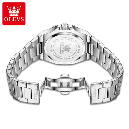 OLEVS Watches For Men Luxury Silver Blue Classic Quartz Watch for Man Waterproof Stainless Steel Luminous Reloj Hombre 2025