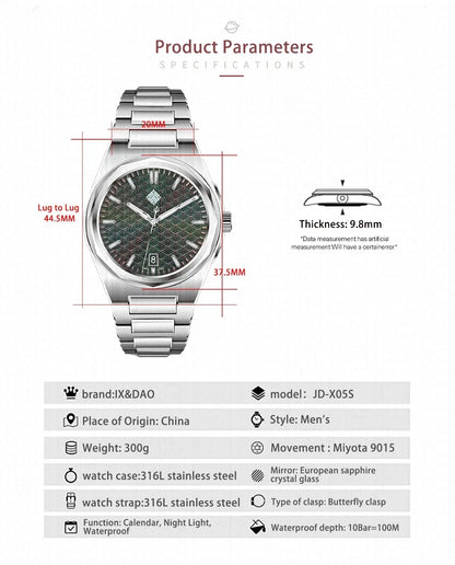 IX&DAO 2025 Novo Relógio Masculino Warrior Automático Mecânico 37mm Movimento Miyota 9015 Safira Aço Inoxidável Impermeável 10Bar BGW