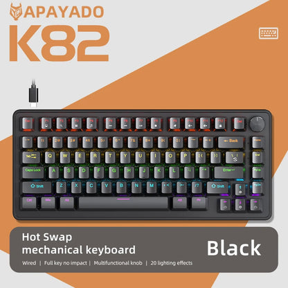 75% Mechanical Keyboard Wired with Media Knob, APAYADO Black Gaming Keyboard, Hot-Swap, ABS Cap Transparent Character Backlighting