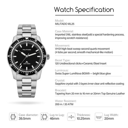 MILITADO  ML25 Quartz Dive Watch VH31 Sweep Second Sapphire Crystal 200M Waterproof BGW9 Lume Ceramic Bezel Men Watch