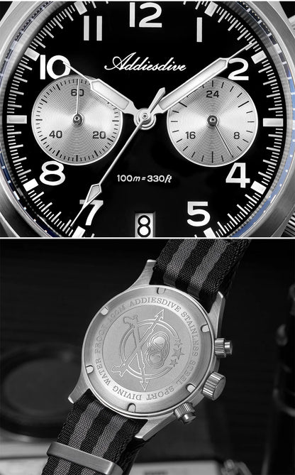 ADDIESDIVE 2025 Novo Relógio Masculino Panda Eye Retro de Luxo VK64 Quartz, Cronógrafo Desportivo para Homem, 100M Impermeável, Luminoso