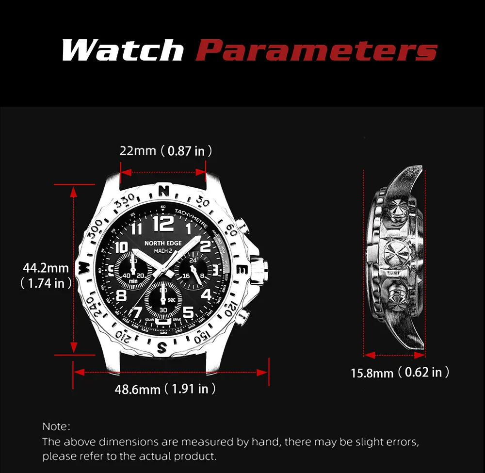 NORTH EDGE 2024 MACH 2 Men's Watches Solar Power 316 stainless steel Case Quartz Watch For Men Pilot Waterproof 50M Stopwatch