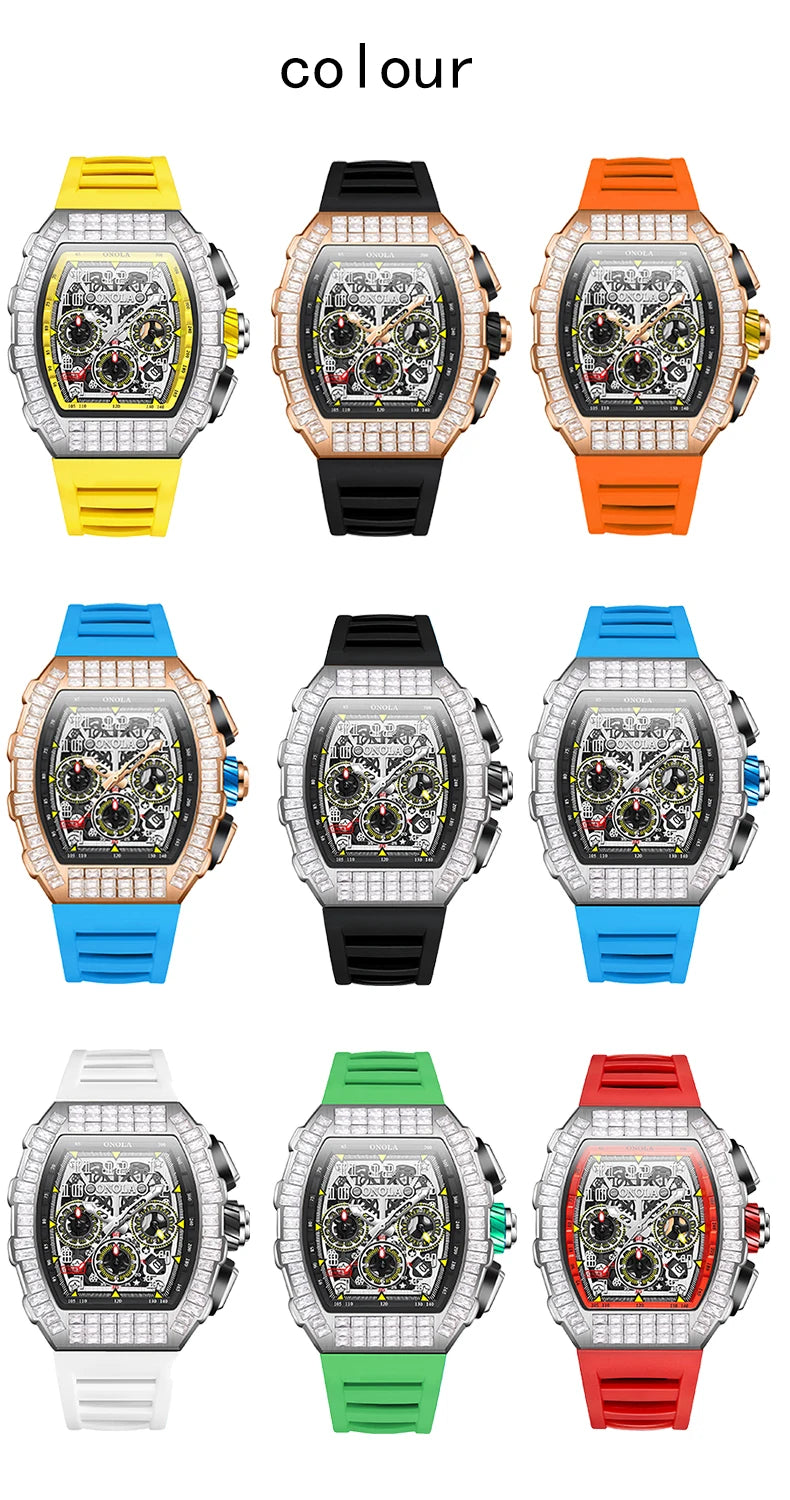 Hot Selling Fashion Fully Automatic Mechanical Watches Men ONOLA Unique Design with Diamond Inlaid Waterproof Tape Men's Watch