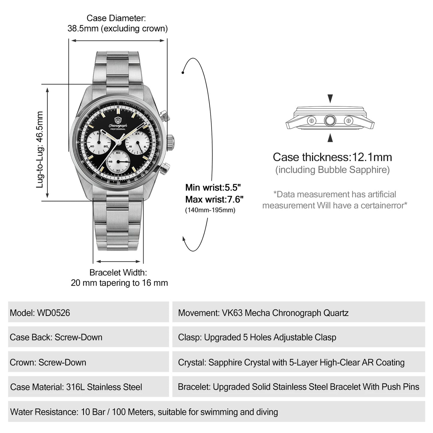 Watchdives Premier WD0526 Men Watch VK63 Mecha Chronograph Quartz Watches Sapphire Waterproof 316L Stainless Steel Wristwatch