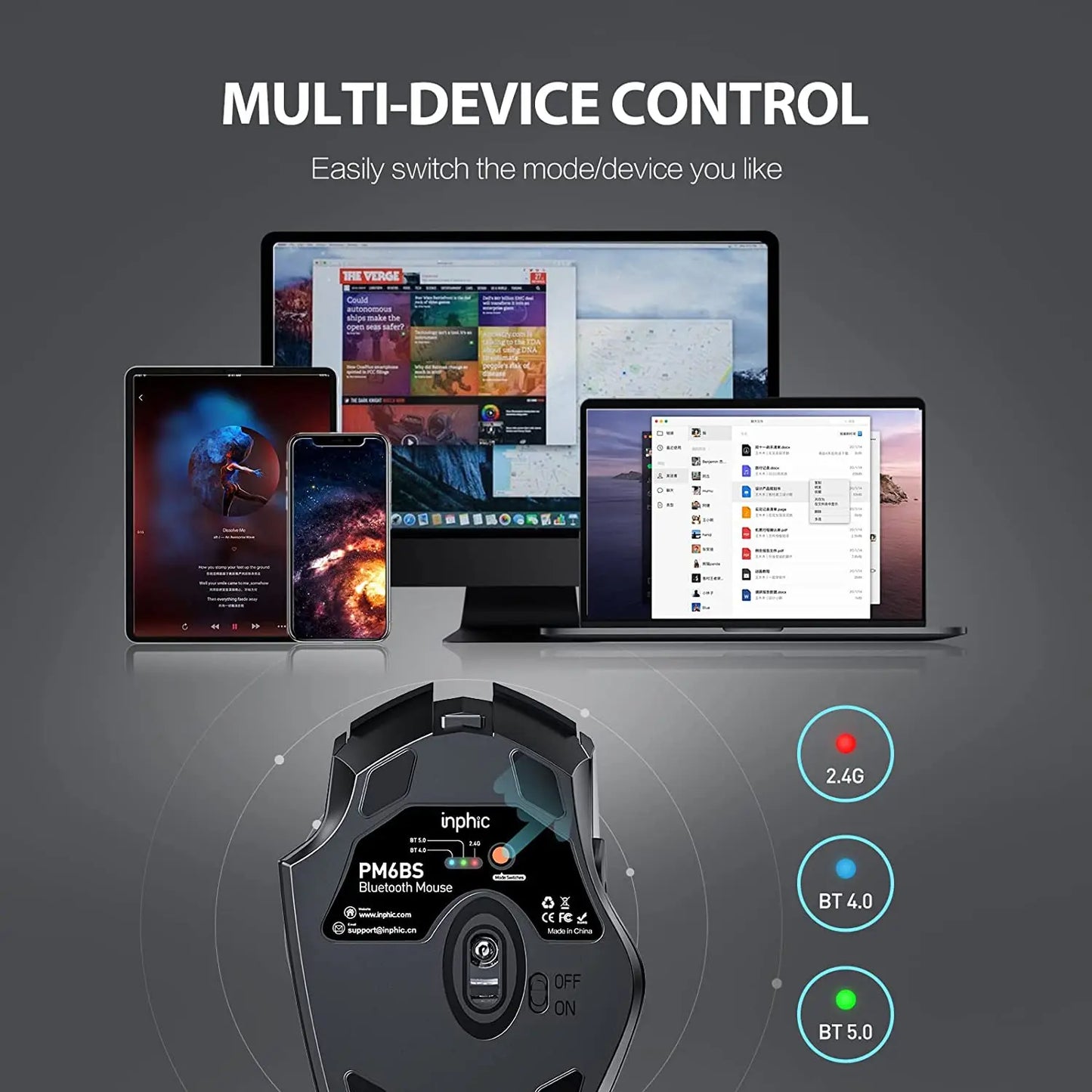 INPHIC A1 Bluetooth Wireless Mouse Rechargeable Tri-Mode 2.4G Optical Mouse for Laptop, Mac, PC, Tablet & Mobile with 1600 DPI