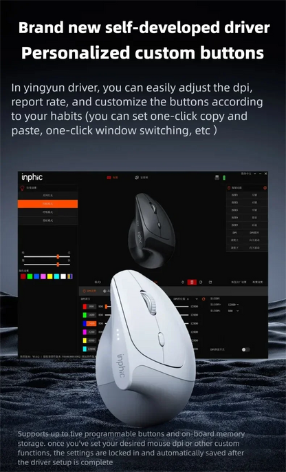 Rato sem fios vertical Inphic X9 PRO, carregamento rápido Type-C, ergonómico e silencioso, para escritório, portátil, PC, computador e gaming