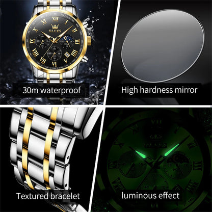 Relógio de Homem OLEVS 5529 de Marca Top Luxury, Impermeável, Luminoso, em Aço Inoxidável, com Fase Lunar e Código de Temporização, Novo Relógio de Quartzo para Homem