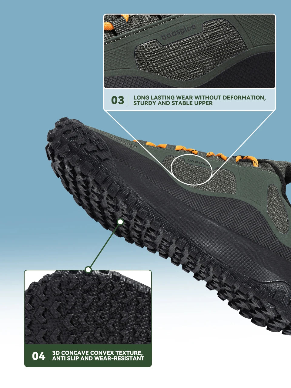 Baasploa Hiking Shoes Men Outdoor Waterproof Camping Resistant Non Slip Sneakers Male Casual Lightweight Lace-Up Walking Shoes