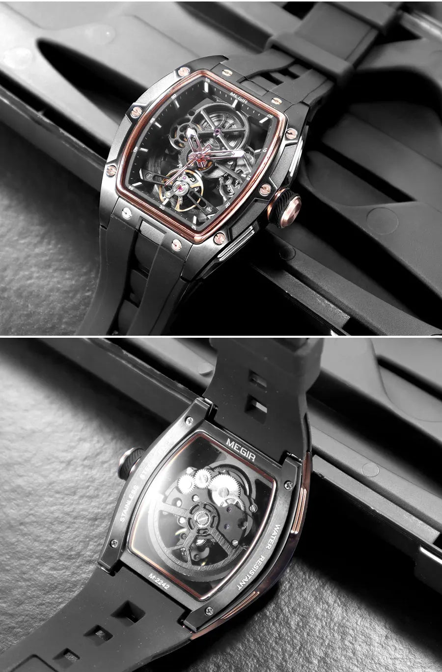 MEGIR 2242 Blue Automatic Watch for Men Sport Waterproof Stainless Steel Mechanical Wristwatch with Silicone Strap Skeleton Dial