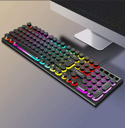 T80 Gaming Mechanical Feel Keyboard Wired 104 Keys Keyboard USB Retro Punk Game Office Suspended Keycap Cool RGB Lighting Effect