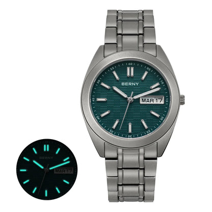 BERNY Full Titanium Men Watch Date Week Quartz Watches Calendar Sapphire Super Luminous 100M Waterproof Lightweight Wristwatch