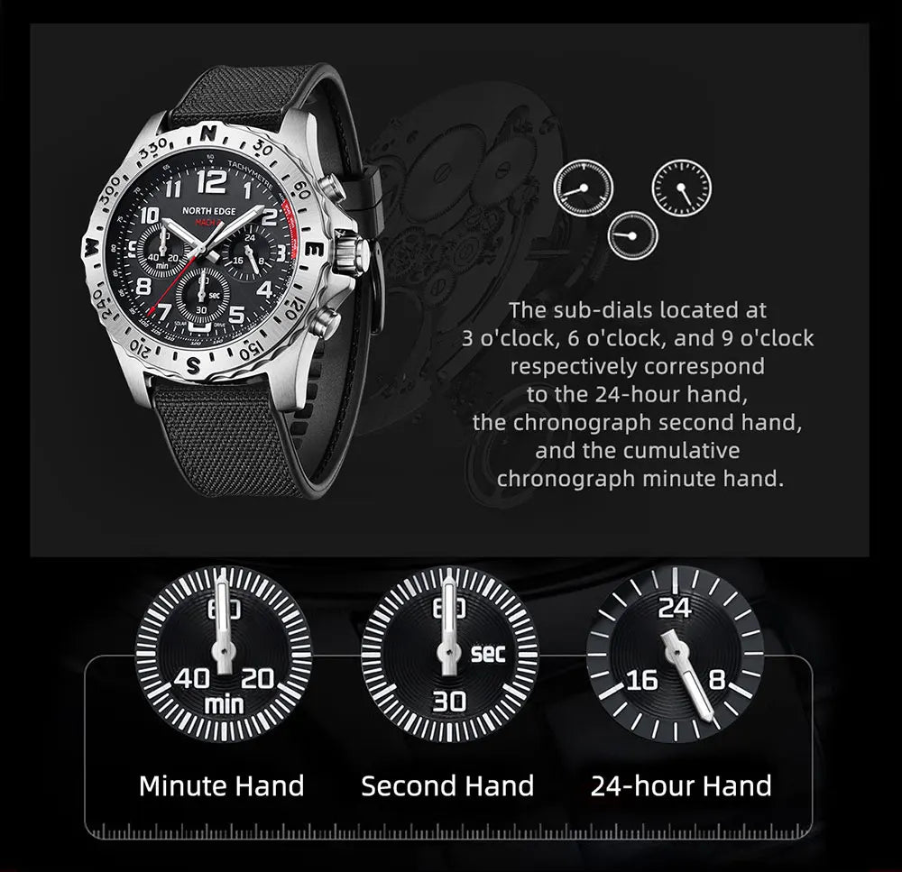 NORTH EDGE 2024 MACH 2 Men's Watches Solar Power 316 stainless steel Case Quartz Watch For Men Pilot Waterproof 50M Stopwatch