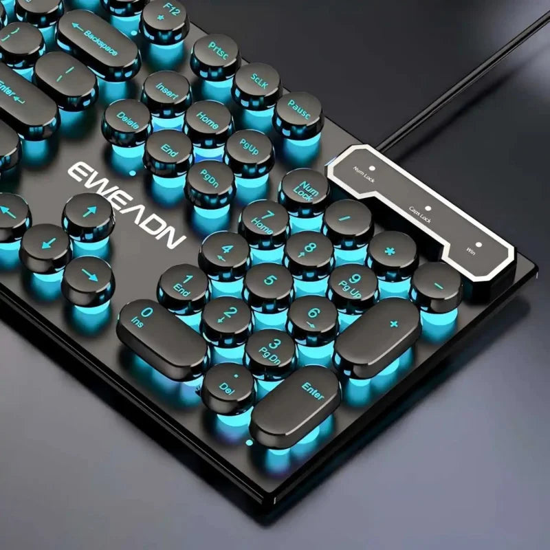 Retro Round Punk Mechanical Feel Keyboard Blue Black Switch 104 Keys USB Wired Gaming Keyboards RGB Backlit for PC Laptop Gamers