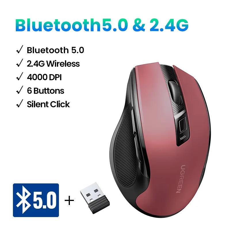 Mouse wireless UGREEN Bluetooth 5.0 ergonomico 4000DPI con 6 pulsanti silenziosi, per MacBook, tablet, laptop, computer e PC, mouse 2.4G