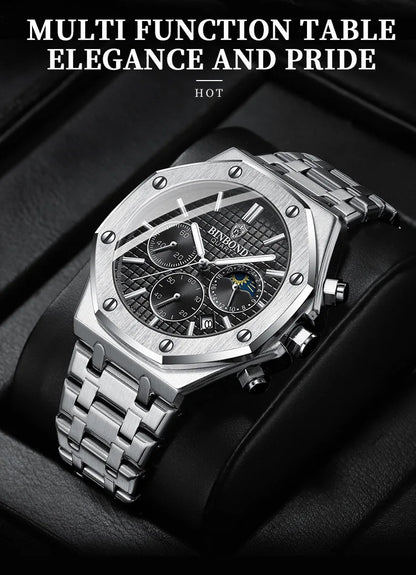 BINBOND 0161 Brand Man Quartz Watch Luxury Luminous Chronograph Wristwatch Stainless Steel Waterproof Men Date Calendar Clock
