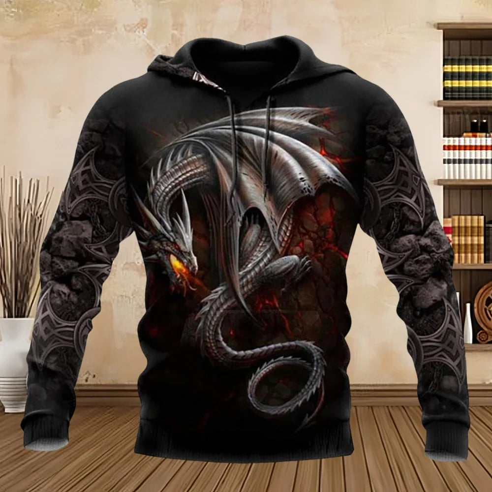 Sweatshirt com Capuz Unissexo para Homem, Manga Comprida, Estampado 3D com Dragão Tattoo, Primavera/Outono, Streetwear Casual, Pullover, Fato de Treino
