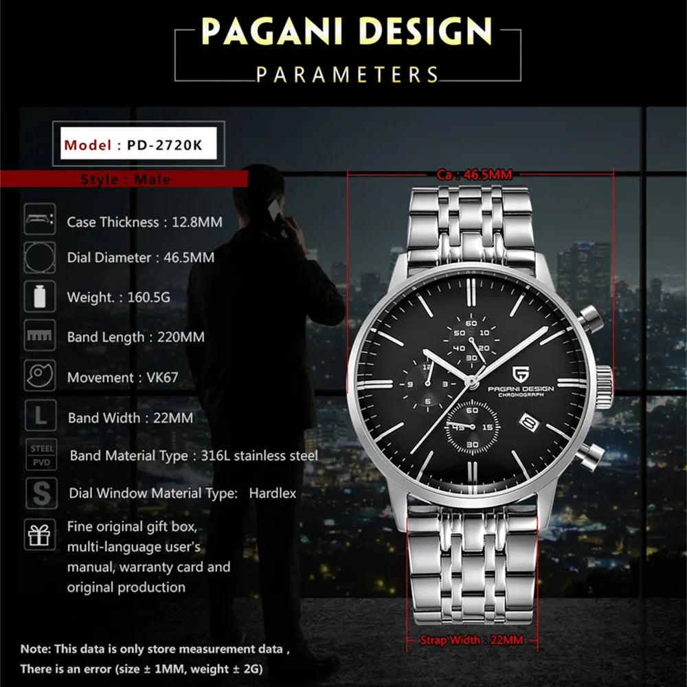 Pagani Design Men's Chronograph Watch  Japan VK67 Movt Waterproof Multifunctional Business Sports Quartz Watch Relogio Masculino