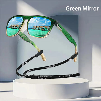 With Chain Fashion Vintage Glittering Material Square Sunglasses Men Women Fishing Driving Classic Brand Designer Sun Glasse