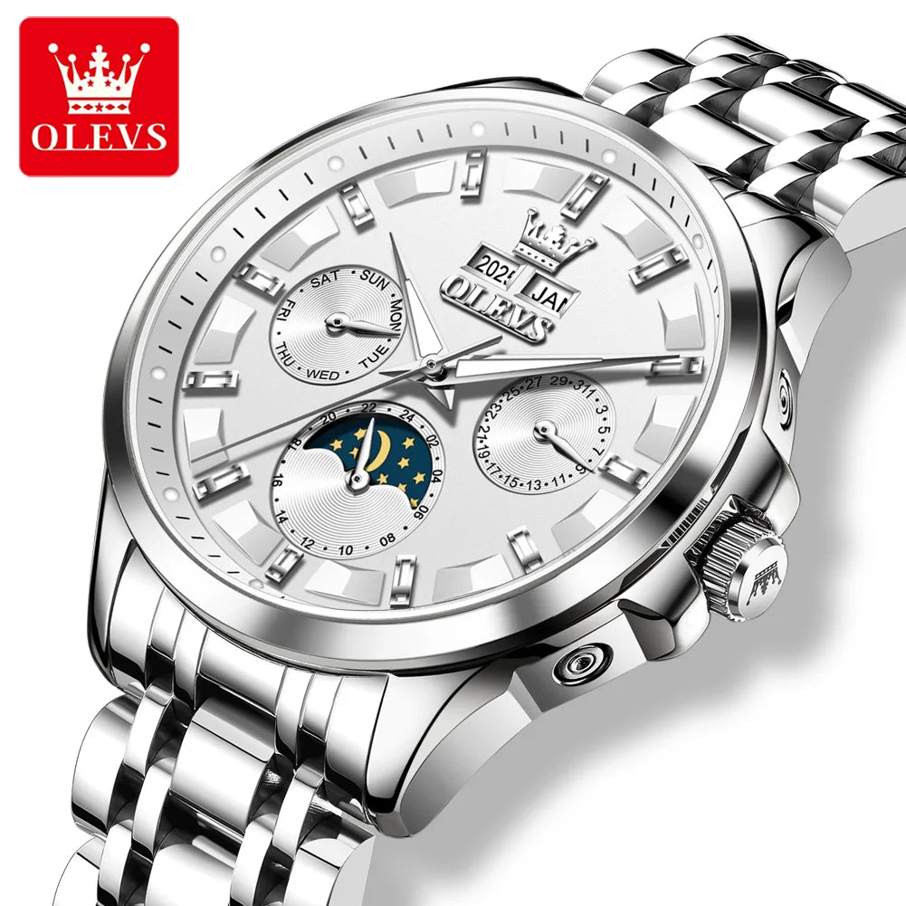 OLEVS 7070 Automatic Men's Watches Luxury Multi functional  Perpetual Calendar Moon Phase Luminous Mechanical Wristwatch For Man