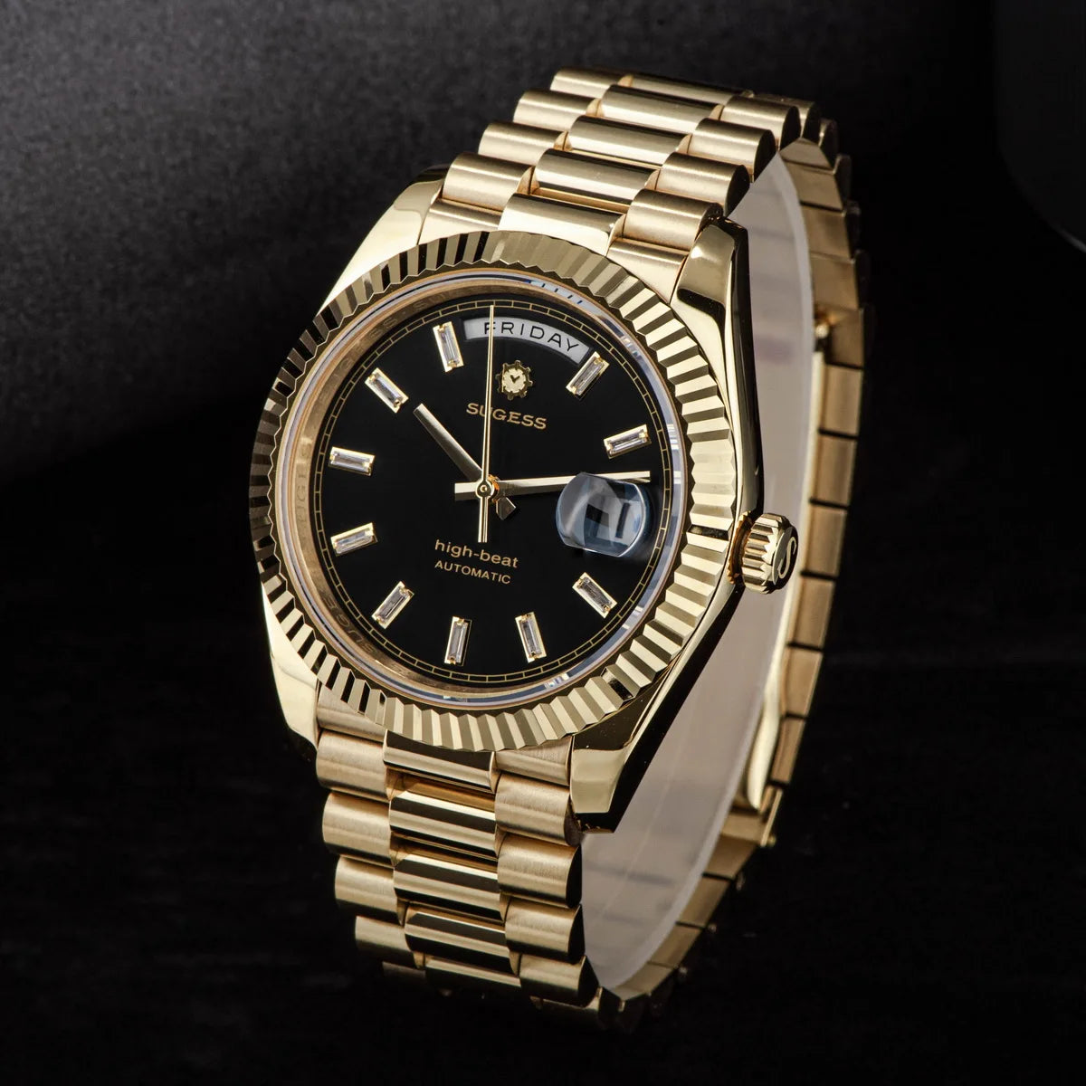 Sugess Watch Mens 40mm Date Day Automatic Dandong Peacock SL3034 Movement Retro Mechanical Wristwatch Sapphire Glass Golden New