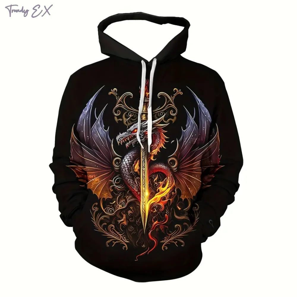 New Sweatshirt 3D Purple Flame Dragon Graphic with Drawstring Pullover Hoodies Harajuku Kangaroo Pocket Long Sleeve Men Clothes