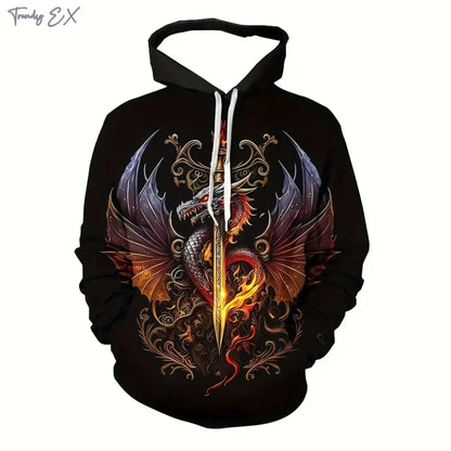 New Sweatshirt 3D Purple Flame Dragon Graphic with Drawstring Pullover Hoodies Harajuku Kangaroo Pocket Long Sleeve Men Clothes