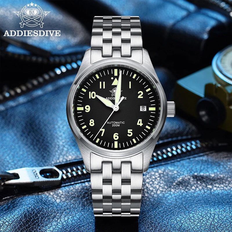 ADDIESDIVE Classic Men's Automatic Mechanical Watch 200m Water Resistant C3 Luminous 316L Stainless Steel Vintage Watch AD2519