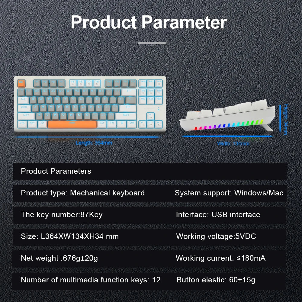 E-YOOSO K620 USB Mechanical Gaming Keyboard Wired Blue Red Switch Monochrome LED Backlit 87 Key for Computer Laptop PC