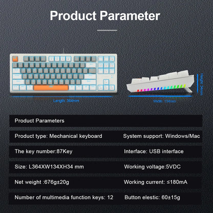 E-YOOSO K620 USB Mechanical Gaming Keyboard Wired Blue Red Switch Monochrome LED Backlit 87 Key for Computer Laptop PC