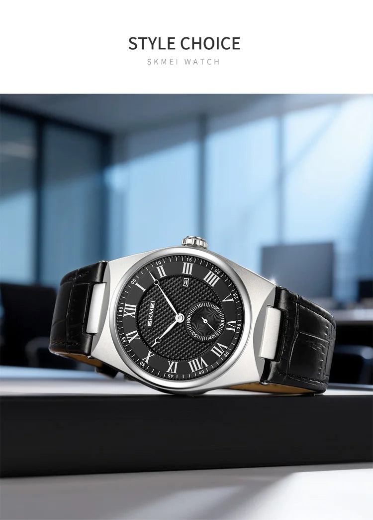 SKMEI 9390 Elegant Men's Quartz Watch Roman Scale Calendar Waterproof Leather Strap Casual Business Watches for Man Reloj Hombre