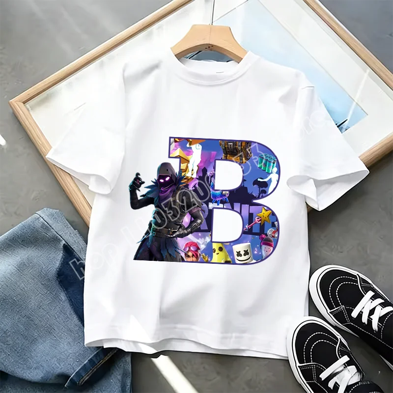 T-shirt Infantil Branco Fortnite com Estampado Alfabeto A-Z — Roupa de Verão, Jogo de Desenhos Animados Popular, Manga Curta Casual, Presente de Moda