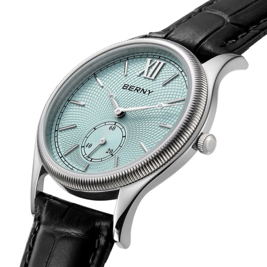 BERNY Watches for Men Luxury Slim Classic Stylish Dress Quartz Watch Stainless Steel Case Elegance Leather Band Wristwatch
