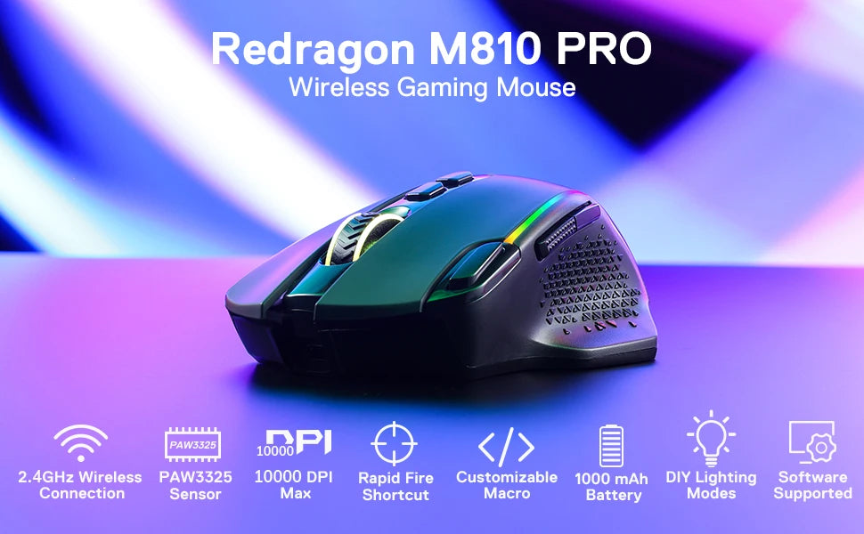 Mouse da gaming wireless Redragon M810 Pro, 10000 DPI, mouse da gamer cablato con tasto Rapid Fire, 8 pulsanti macro, nero/bianco