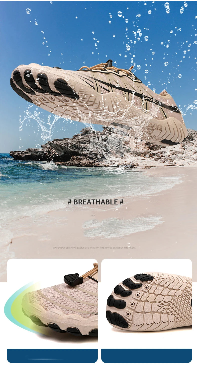 Novos sapatos aquáticos 2025 barefoot para praia e desporto, sapatos de natação antiderrapantes de alta qualidade, sapatos desportivos casuais de cinco dedos unissexo
