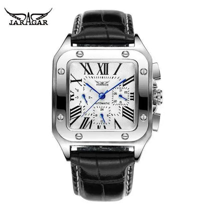 Fashion Jaragar Top Brand Men's Stylish Casual Skeleton Automatic Watch Multifunction Genuine Leather Strap Square Dial Business