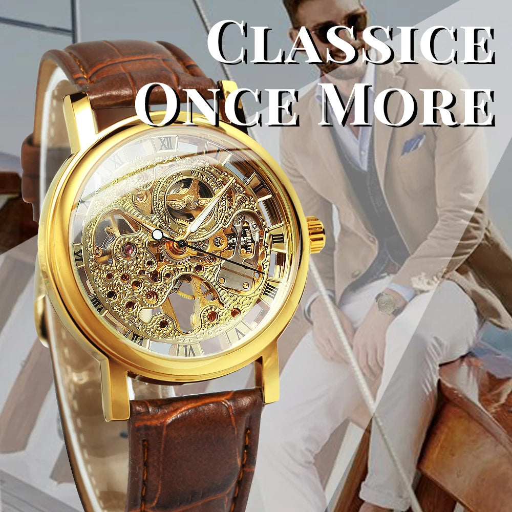 Winner Transparent Luxury Skeleton Mechanical Watches Casual Leather Strap Gold Watch for Men Luminous Hands Retro Wristwatches